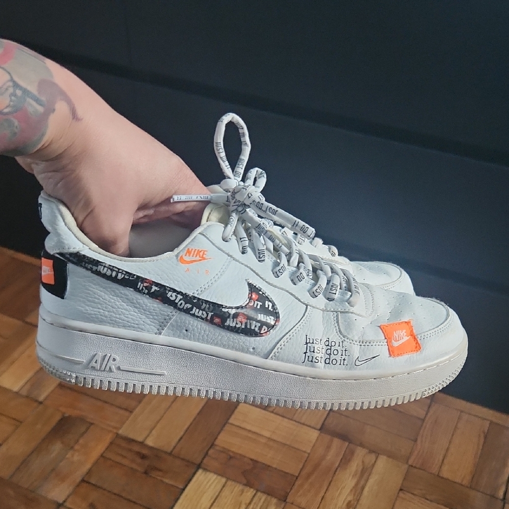 Nike Air Fore 1 White and Orange Just Do It Sneakers